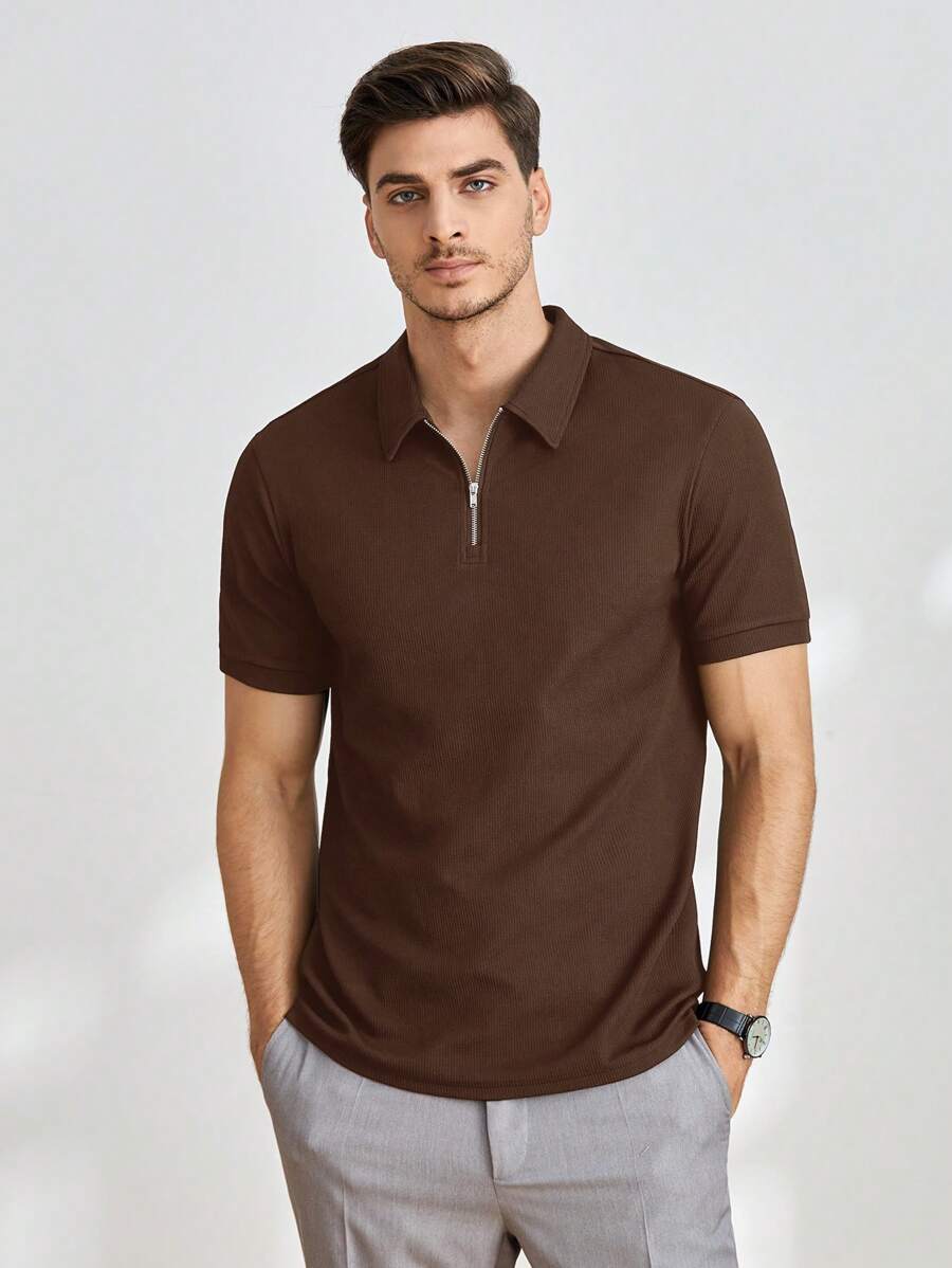 Manfinity BRENVOR Men's Casual Knitted Slim Fit Raglan Zip-Up Short Sleeve Polo Shirt, Suitable For Everyday Wear - Brown - View 1