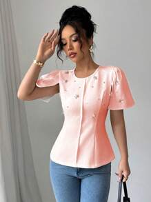 Elenzga Camisa de mujer con cuello redondo, ajustada, de manga corta y de un solo color, con detalles de cristales rhinestone - Rosa - Ver 6