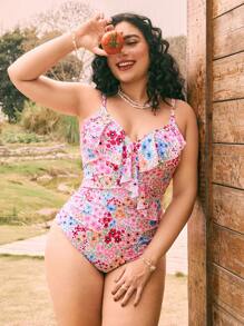 Swim Mod 1pc Plus Size Women Cute Random Floral Print Ruffled Adjustable Strap One-Piece Swimsuit, Holiday Beach Resort For Summer Beach Vacation - Multicolor - View 4