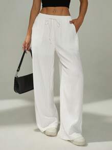 SHEIN PETITE Women Solid Color Waist-Tie Pockets Straight-Leg Pants,Business Casual Woman
