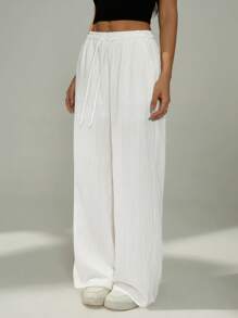 SHEIN PETITE Women Solid Color Waist-Tie Pockets Straight-Leg Pants,Business Casual Woman