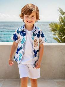 Set 2 bucăți pentru băieți, cămașă cu mânecă scurtă la un singur piept + pantaloni scurți sport casual cu talie elastică, ținută versatilă la modă cu imprimeu de frunze pentru vară