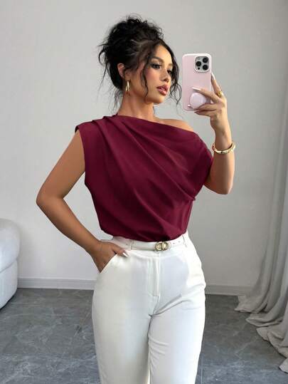 Elenzga Asymmetrisk krage plisserad enfärgad blus för kvinnor