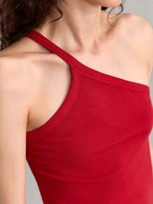 Ontre Women's Asymmetric Ribbed Elastic Camisole, Minimalistic And Fashionable, Suitable For Summer - Red - View 6