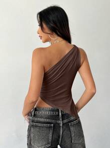 Flirla Maglie da donna a tinta unita con collo asimmetrico
