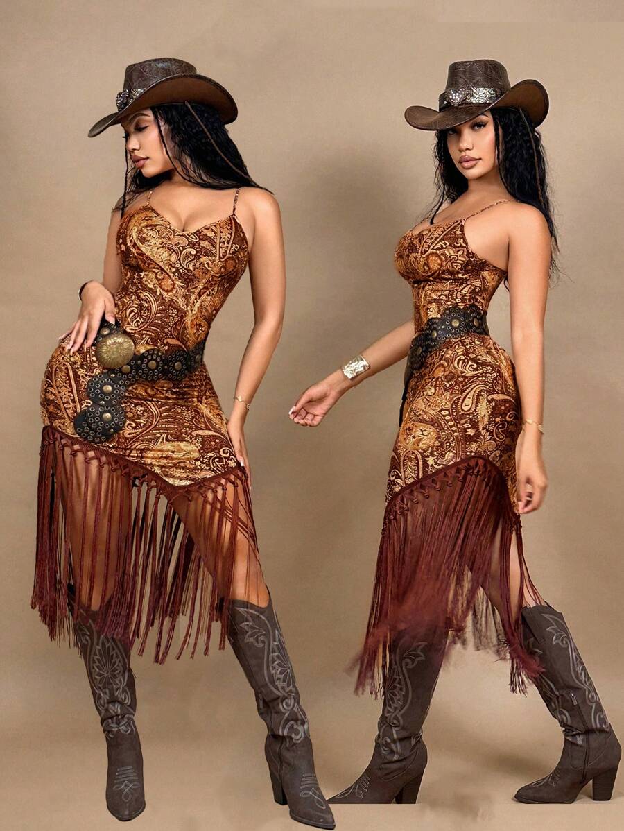 SHEIN SXY Vacation Music Festival Retro Printed Fringed Hem Backless Cami Mid-Length Dress, Women Summer Dresses,Western Wear Women,Boho,Concert Outfit Women,Rave, Festival,Grunge,Cottagecore,Rodeo Outfit,Nashville Outfits - Multicolor - View 1