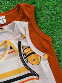 3 件套男婴蜜蜂条纹无袖连体衣和短裤套装，可爱卡通，婴幼儿男孩服装，儿童服装，舒适，适合夏季，3M-24M 婴儿蜜蜂服装，优质婴儿服装，婴儿中性服装，婴儿服装，新生儿中性服装 - 彩色 - 查看 4