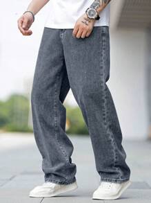 Manfinity Homme Loose Men's Cotton Solid Slanted Pocket Jeans - Grey - View 5