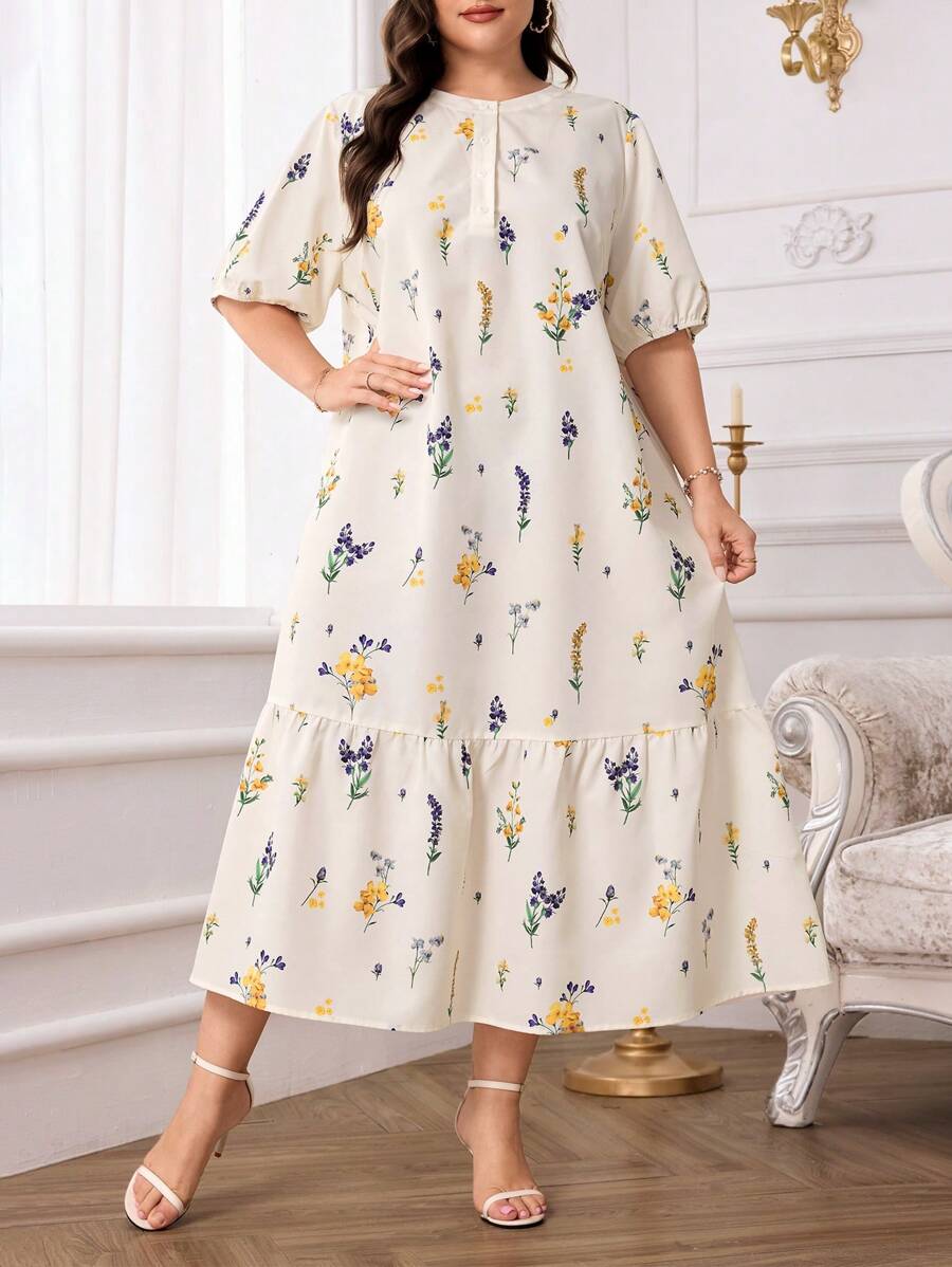 Modelyn 大码优雅花卉全印花连衣裙，夏季 - 彩色 - 查看 1
