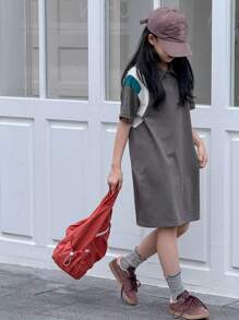 Dazy Kids 青少年女孩字母印花拼色休闲夏季背心裙，返校服 - 灰色 - 查看 7