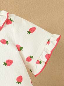 2pcs Baby Girls' Casual Cute Woven Digital Print Strawberry Pattern Shirt With Collar Ruffle And Matching Strawberry Print Shorts Comfy Pajama Set - White - View 5