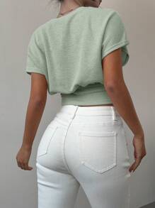 Aloruh Camiseta de punto ajustada de manga corta y lisos, minimalista y estilosa para mujeres - verde menta - Ver 3
