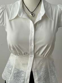 Flirla Camisa de manga corta con bordado, bajo deshilachado y parches, talla grande - Blanco - Ver 3