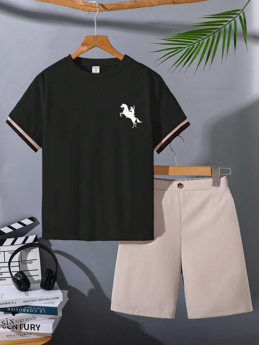 SHEIN 2pcs Tween Boys Casual Ribbon Pattern Short Sleeve Top And Shorts Set,Suitable For Commuting,Schooling,Daily Wear,Sports,Spring/Summer,Parties - Black - View 1