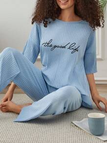 RueChic Women Contrast Colour Slogan Printed Basic Homewear Lounge Set - Blue - View 5