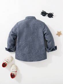 SHEIN 年轻男孩纯色前扣贴袋休闲长袖衬衫 - 寶藍色 - 查看 2