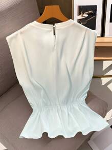 Franclia Blouse femme à la mode, polyvalente pour tous les jours, sans manches, col rond, taille cintrée, nœud papillon, brillante
