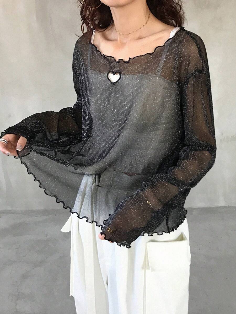 FRIFUL Women's See-Through Heart Shaped Frill Edged Fitted Tank Top Long Sleeve Women Tops - Black - View 1