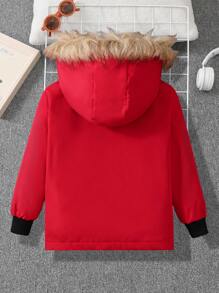 SHEIN 年轻男孩休闲拉链连帽夹克，有领子、编织拼布、3D 口袋、保暖内衬