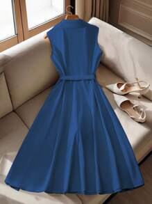 SHEIN Clasi Women Solid Color Belted Double Button Sleeveless Mid-Length Dress - Blue - View 2