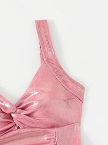 SHEIN Swim 2 件套女士新款海滩修身分体泳衣，带裙子和扭背，性感夏季沙滩装比基尼 - 淺粉色 - 查看 4