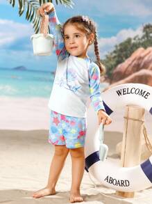 Young Girls' Shell Printed Raglan Splice Racerback Tankini Swimwear Set - Multicolor - View 4