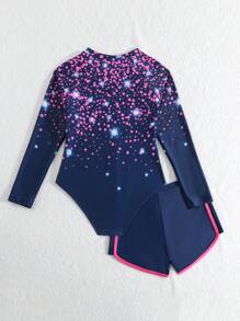 SHEIN 女童撞色连体泳衣和短裤，粉色带蓝色圆点闪光图案，甜美时尚简约设计，适合春夏季 - 藏蓝色 - 查看 2