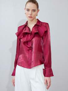Aveloria Modichic Camisa de manga larga con botones elegante y con cuello de volantes de textura translúcida, ropa para fiestas y eventos de profesores - Burdeos - Ver 4