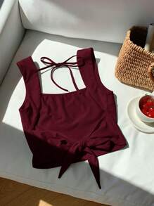 SHEIN Comfortcana 夏季酒红色针织露背吊带背心，配交叉背带 - 酒紅色 - 查看 2
