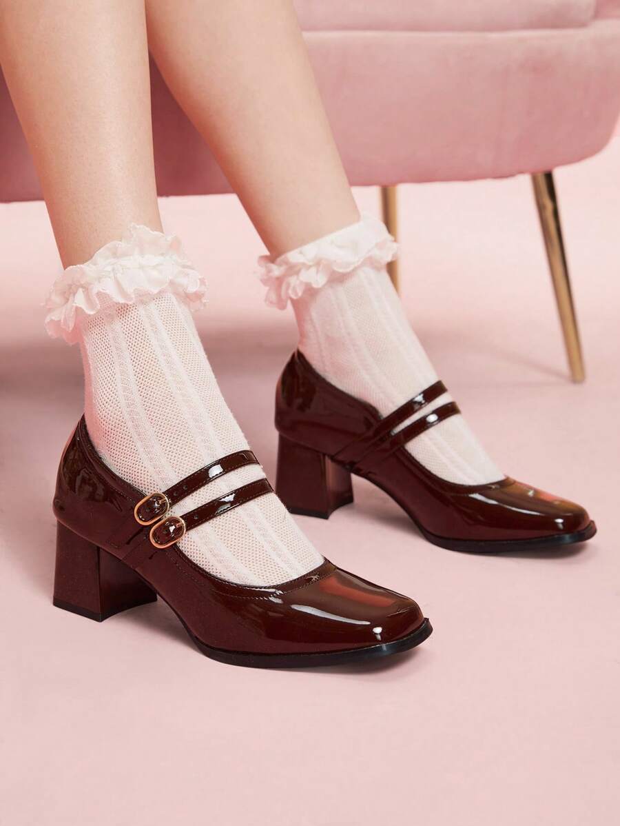 CUCCOO DOLLMOD Cuccoo Women's Square Toe Adjustable Buckle High Heel Pumps - Coffee Brown - View 1