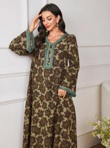 Al Najma 女式阿拉伯风格喇叭袖连衣裙，带荷叶边领口和袖口，春夏季，端庄 - 咖啡棕 - 查看 2