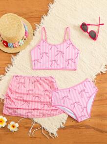 Tween Girl 3pcs/Set Bow & Stripe Swimsuit Set - Pink - View 1