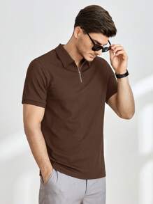 Manfinity BRENVOR Men's Casual Knitted Slim Fit Raglan Zip-Up Short Sleeve Polo Shirt, Suitable For Everyday Wear - Brown - View 5