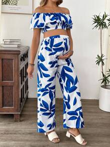 SHEIN Completo da due pezzi con top a spalle scoperte e pantaloni con stampa a foglie, abbigliamento da maternità per vacanze estive e appuntamenti