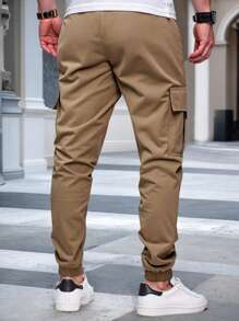 Manfinity Homme Men's Elastic Waist Drawstring Cargo Pants With Pockets - Khaki - View 2