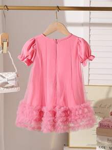 Baby Girl Spring&Summer Elegant Style Short Puff Sleeves Bowknot Decoration Wesh Dress - Pink - View 7