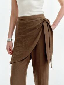 SHEIN Clasi Pantalones casuales con textura y lazo lateral para mujer - Marrón - Ver 6