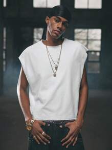 AXEPEAK Men Casual Letter Printed Round Neck Loose Tank Top, Streetwear, Fall - White - View 2