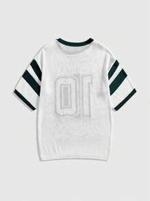 ROMWE MEN Prep Men's Jersey Casual Striped & Numeric Print Short Sleeve Knit Top, Spring/Summer - White - View 2