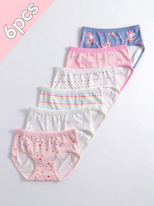 Set de 6 piezas de ropa interior cómoda con estampado de dibujos animados lindos para niñas pequeñas, con estilo para primavera/verano, para niñas pequeñas/niñas