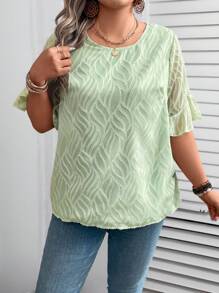 SHEIN LUNE Blouse décontractée ample pour femmes, col rond, manches courtes, couleur unie, jacquard, pour l'été - Turquoise - Voir 3