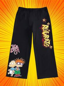 Nick 90s X SHEIN Pantalones holgados de talla grande con estampado gráfico de niños de cómics de dibujos animados negros en estilo Y2K, para primavera/verano, rave, conciertos, festivales, estilo callejero occidental vaquero, retro de los 90