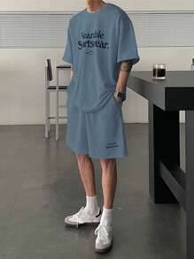 DAZY 2 件男士字母印花 T 恤和短裤套装 - 藍色 - 查看 4