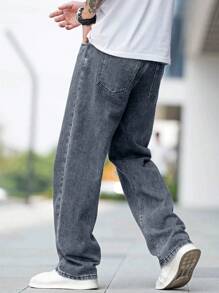 Manfinity Homme Loose Men's Cotton Solid Slanted Pocket Jeans - Grey - View 2