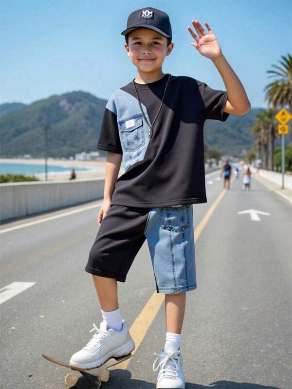 SHEIN Genkimix Kids Set de tricou și pantaloni scurți din denim la modă ocazională pentru băieți, potrivit pentru ținutele zilnice de primăvară/vară