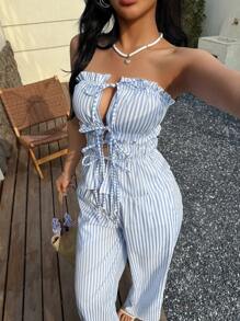 SHEIN PETITE 2 件套女士条纹抹胸设计和条纹裤，休闲编织套装，小码