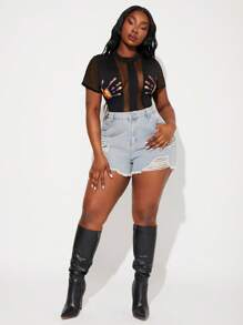 SHEIN SXY Plus Size Women Sheer Splice Patchwork Hand Thermal Imaging Print Sexy Bodysuit, Suitable For Everyday Wear, Music Festival, Concert, Carnival Party, Beach Vacation, Date Night, Birthday, Bachelorette Party Outfit, Club, Cute, Casual, Shopping, Streetwear, Going Out, Easy To Match & Looks Slim, Accent Your Body, Flatter The Figure - Black - View 5