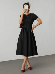SHEIN PETITE Women's Solid Color Round Neck Short Sleeve Cinched Waist Elegant Long Dress,Summer Dresses For Women - Black - View 8