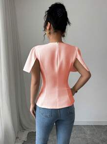 Elenzga Camisa de mujer con cuello redondo, ajustada, de manga corta y de un solo color, con detalles de cristales rhinestone - Rosa - Ver 2