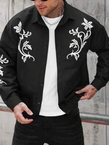 Manfinity Homme Men Floral Print Long Sleeve Single-Breasted Casual Jacket , Men Graphic Jackets , Jackets For Men Fashion - Black - View 4